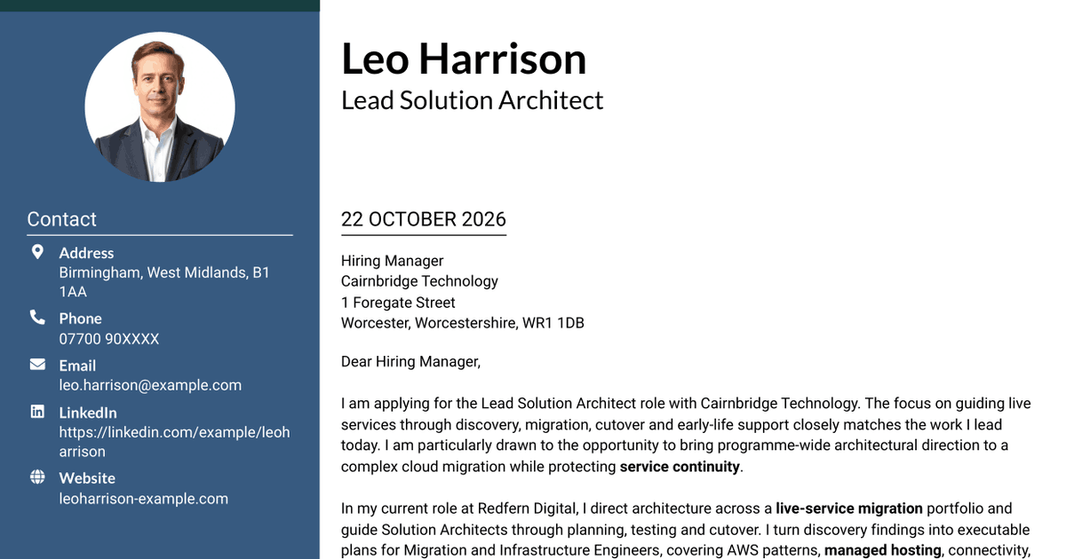 7 Lead Solution Architect - Cloud Migration Cover Letter Templates with Example