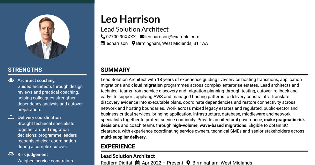 7 Lead Solution Architect - Cloud Migration CV Templates with Example