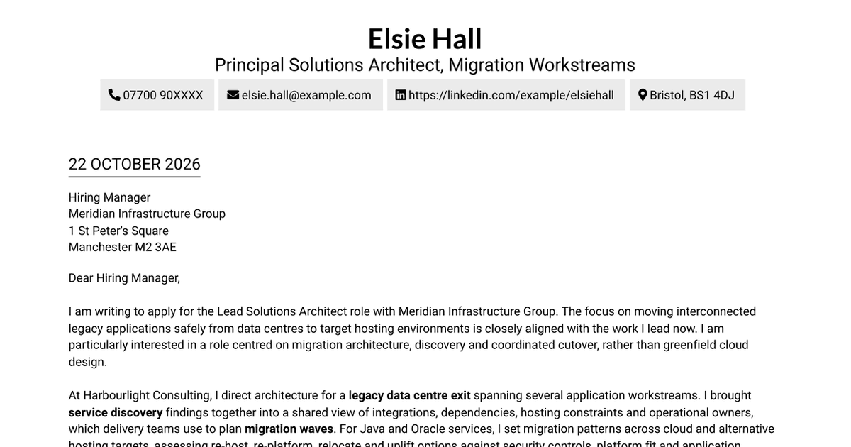 7 Lead Solutions Architect - Legacy-to-Cloud Migration Cover Letter Templates with Example