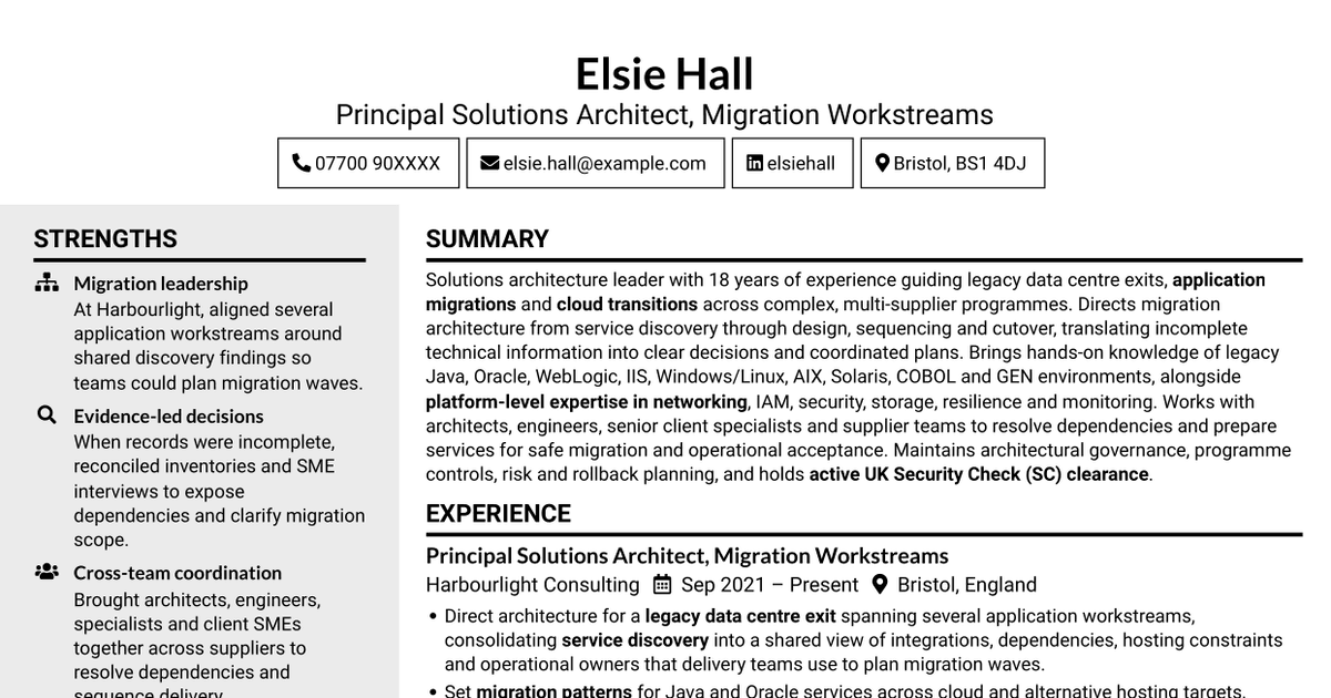 7 Lead Solutions Architect - Legacy-to-Cloud Migration CV Templates with Example