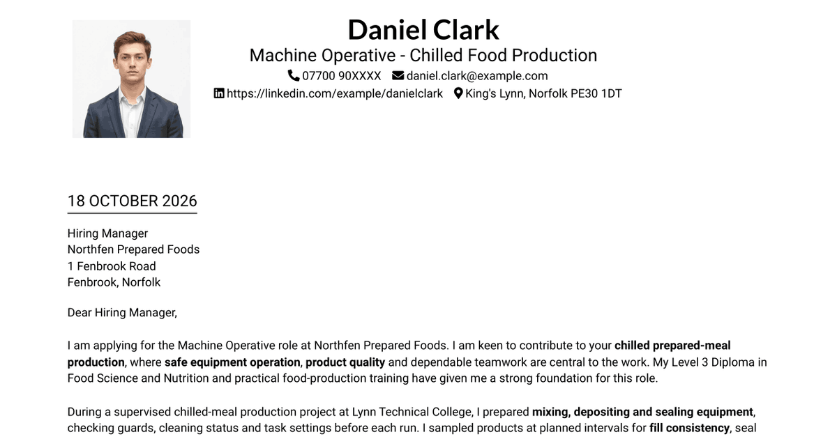 7 Machine Operative - Chilled Food Production Cover Letter Templates with Example