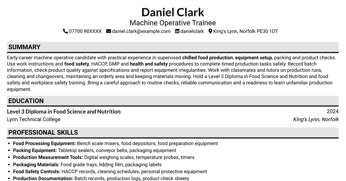 7 Machine Operative - Chilled Food Production CV Templates with Example