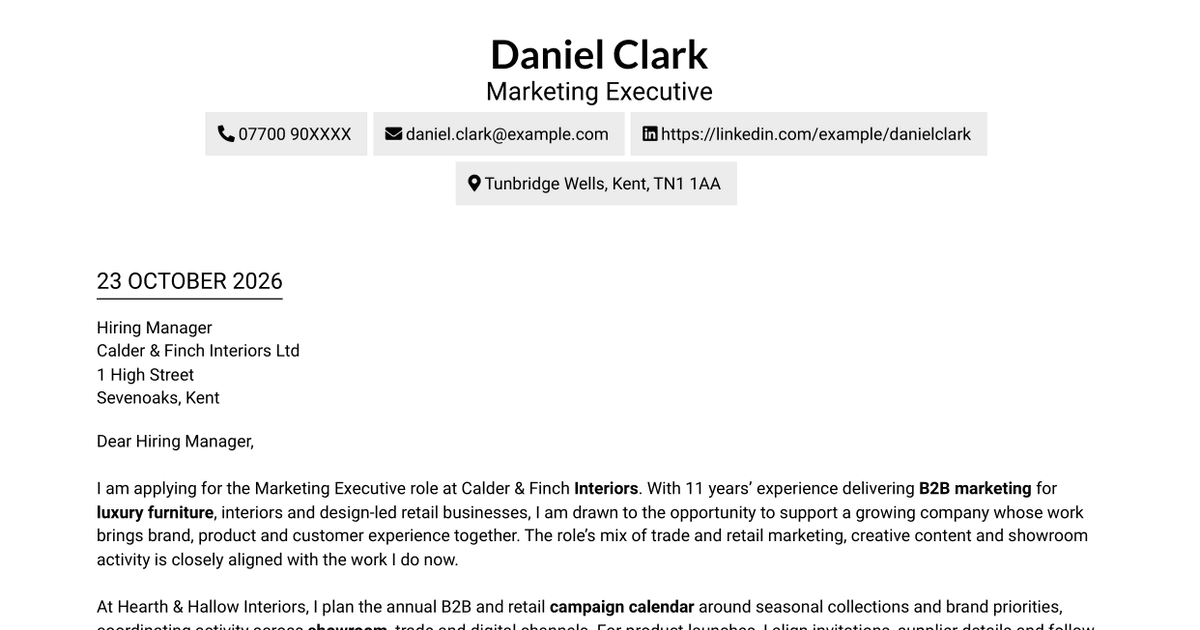 7 Marketing Executive - Luxury Furniture and Interiors Cover Letter Templates with Example