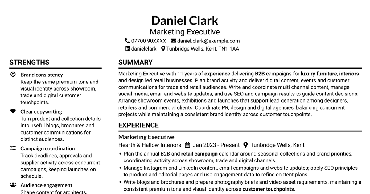 7 Marketing Executive - Luxury Furniture and Interiors CV Templates with Example