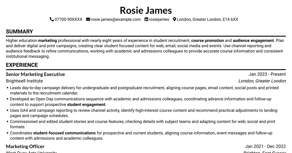 7 Marketing Executive - Student Recruitment Marketing CV Templates with Example