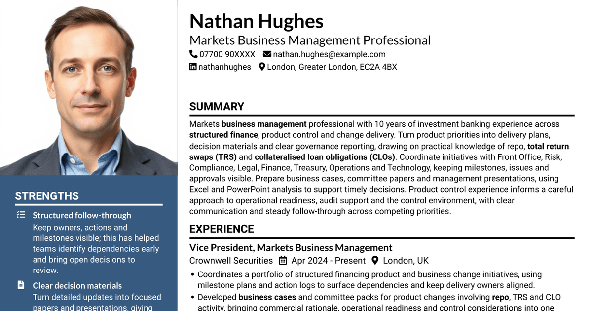 7 Markets COO / Business Management, Associate / Vice President - Structured Finance CV Templates with Example