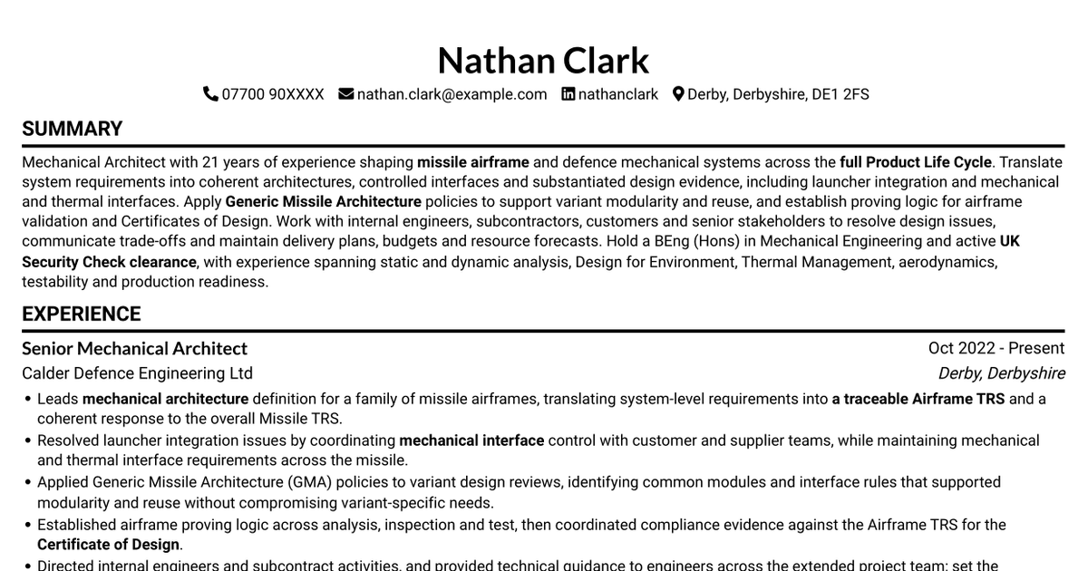 7 Mechanical Architect - Missile Airframe Systems CV Templates with Example