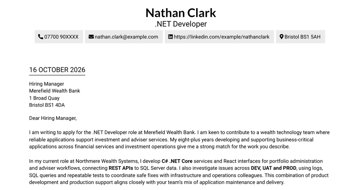 7 .NET Developer Wealth Management Cover Letter Templates with Example