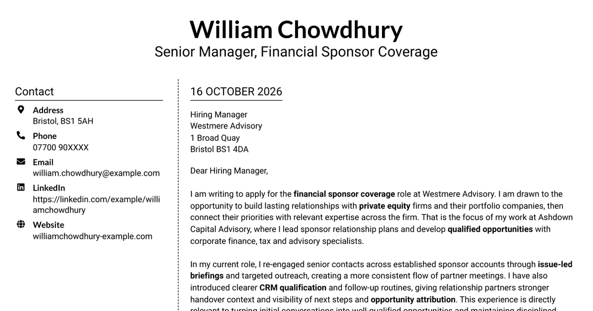 7 New Business Senior Manager - Financial Sponsor Coverage Cover Letter Templates with Example
