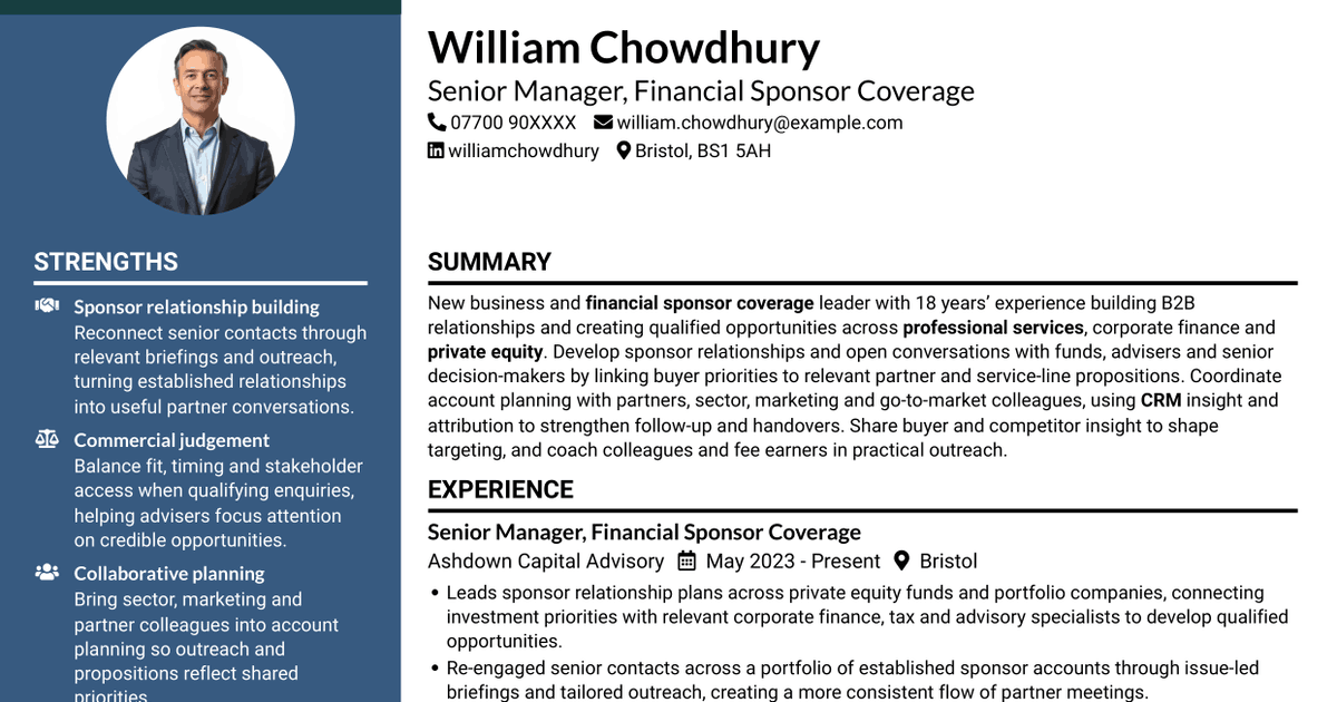 7 New Business Senior Manager - Financial Sponsor Coverage CV Templates with Example