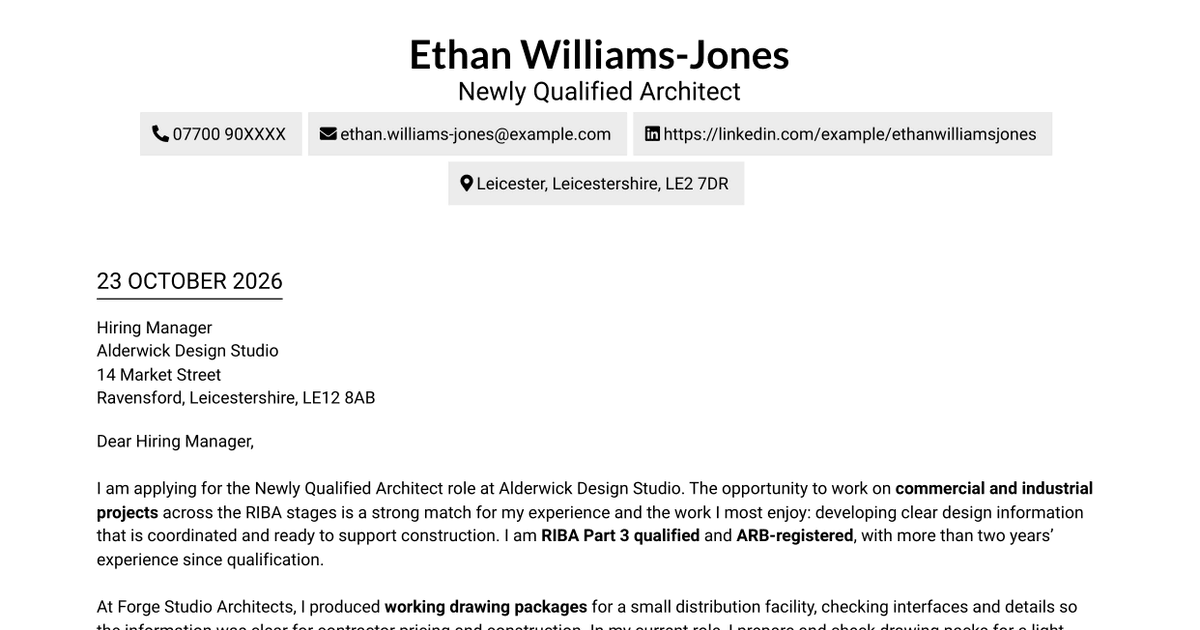 7 Newly Qualified Architect - Commercial and Industrial Cover Letter Templates with Example
