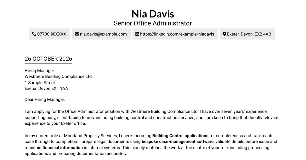 Office Administrator - Building Control Cover Letter