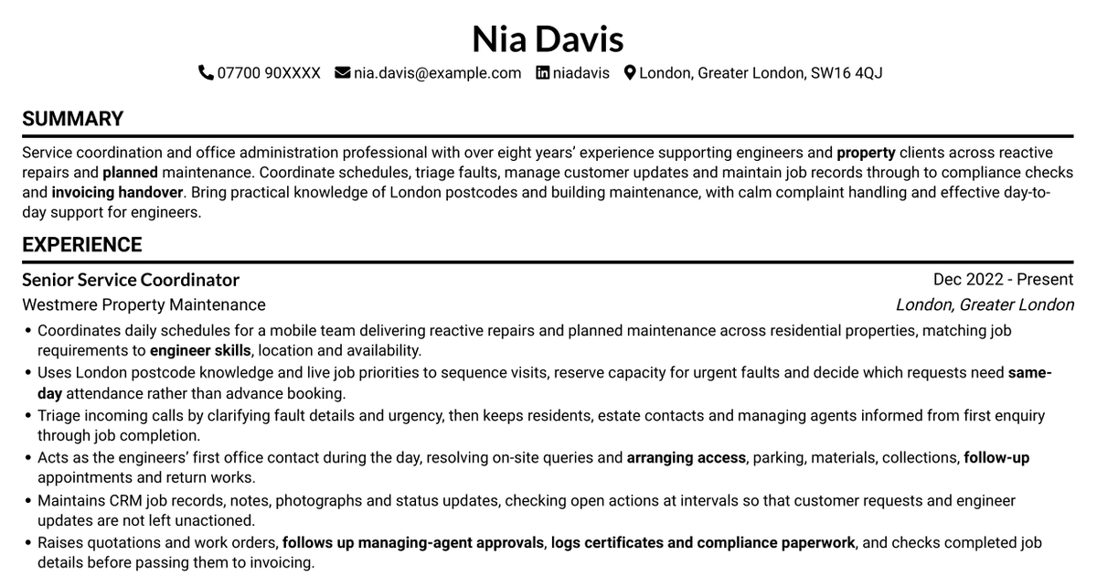 7 Office Administrator - Engineering Service Coordination CV Templates with Example