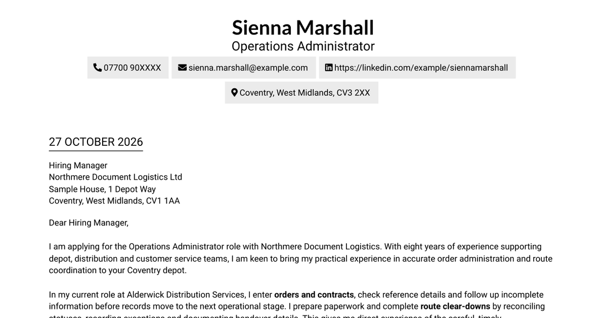7 Operations Administrator - Depot and Route Coordination Cover Letter Templates with Example
