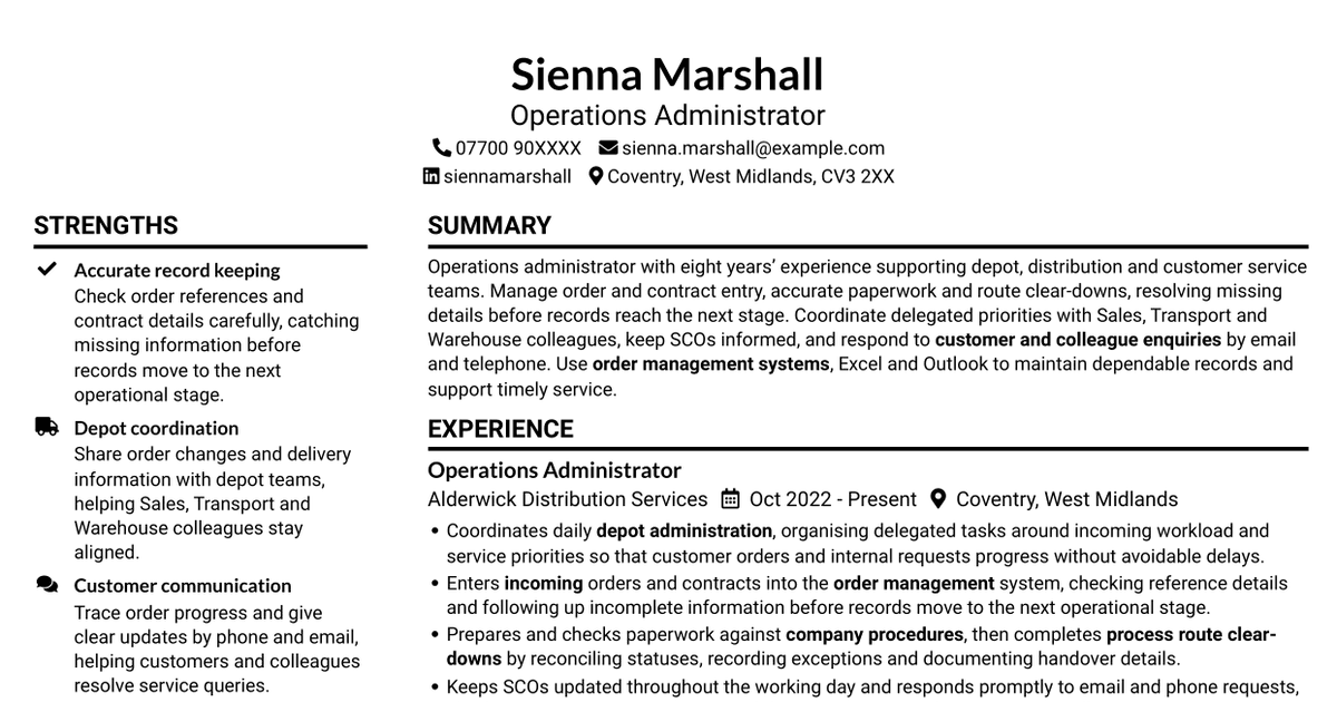7 Operations Administrator - Depot and Route Coordination CV Templates with Example