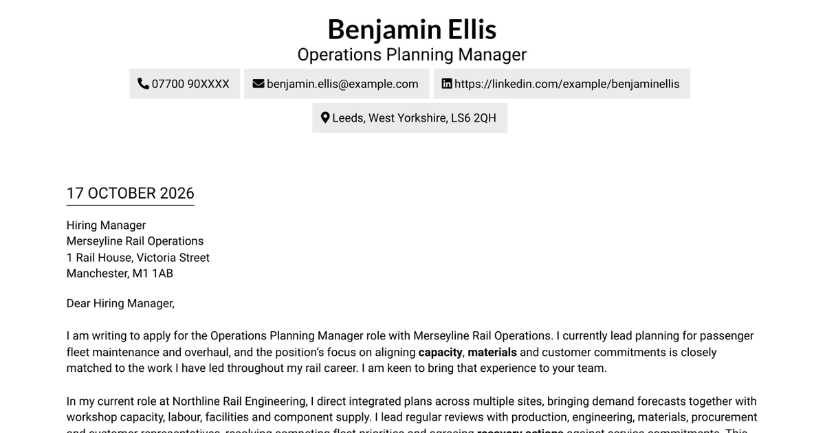 7 Operations Planning Manager - Rail Maintenance Cover Letter Templates with Example