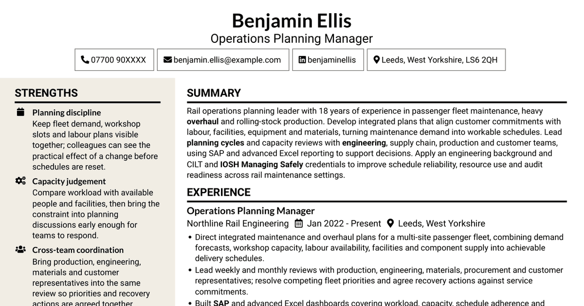 7 Operations Planning Manager - Rail Maintenance CV Templates with Example