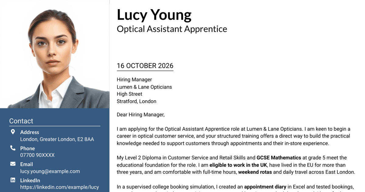 7 Optical Assistant Apprentice Cover Letter Templates with Example