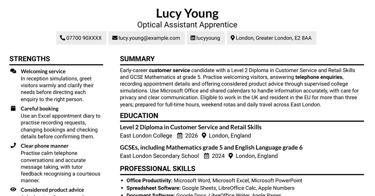 7 Optical Assistant Apprentice CV Templates with Example