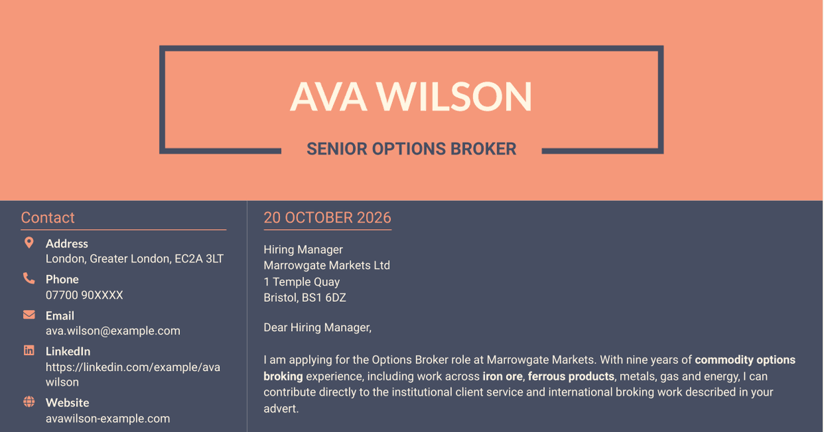 7 Options Broker - Commodity Derivatives Cover Letter Templates with Example