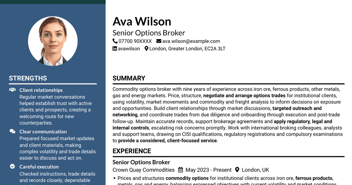 7 Options Broker - Commodity Derivatives CV Templates with Example