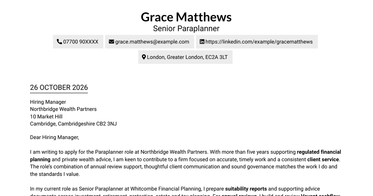 Paraplanner - Financial Planning Cover Letter