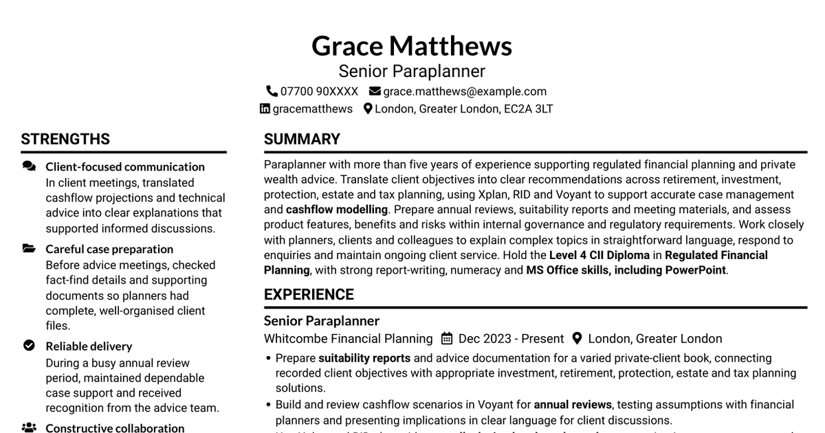 Paraplanner - Financial Planning CV