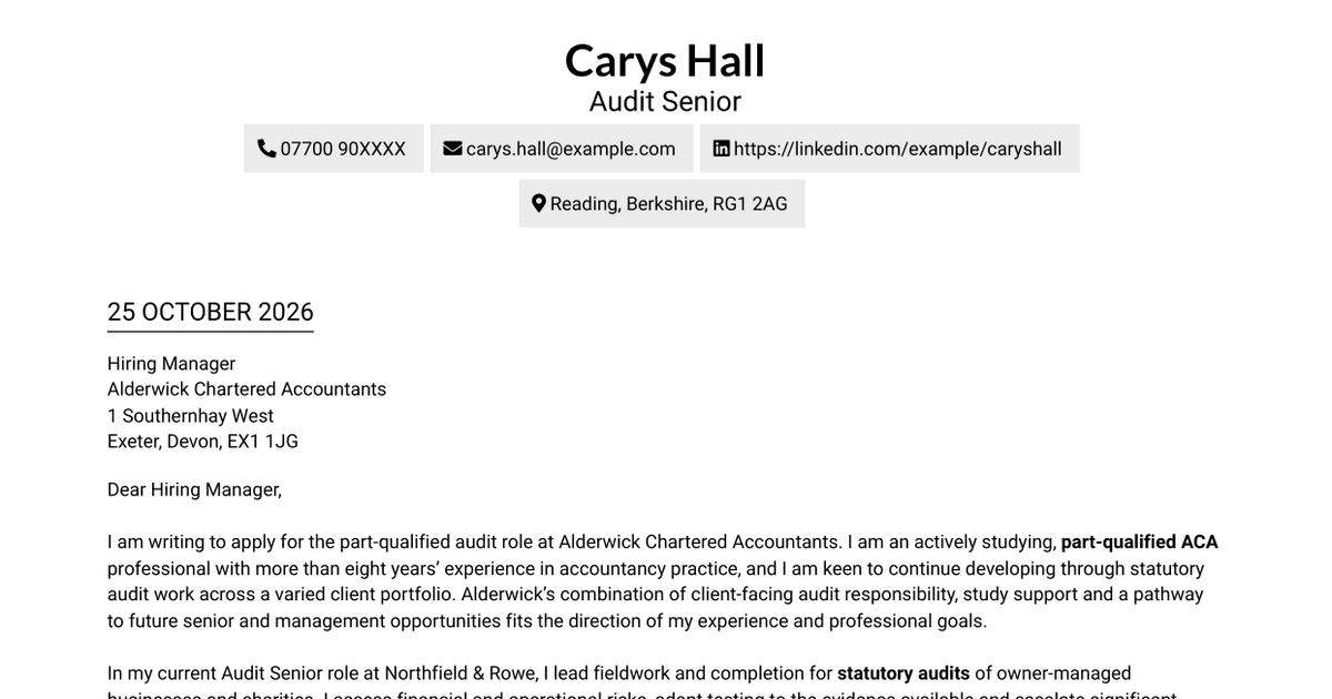 Part-Qualified Audit Senior - Statutory Audit Cover Letter