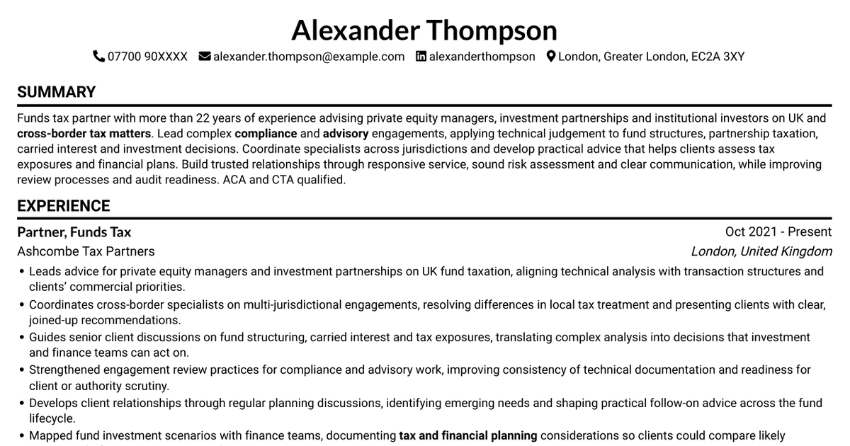7 Partner - Funds Tax CV Templates with Example