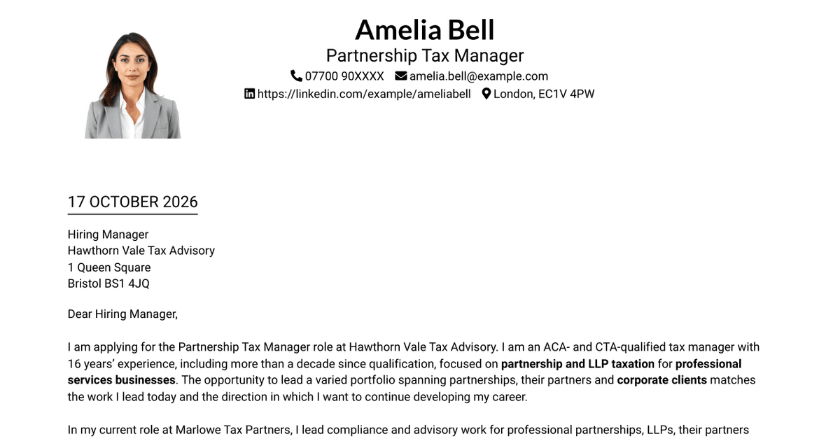 7 Partnership Tax Manager / Assistant Manager Cover Letter Templates with Example