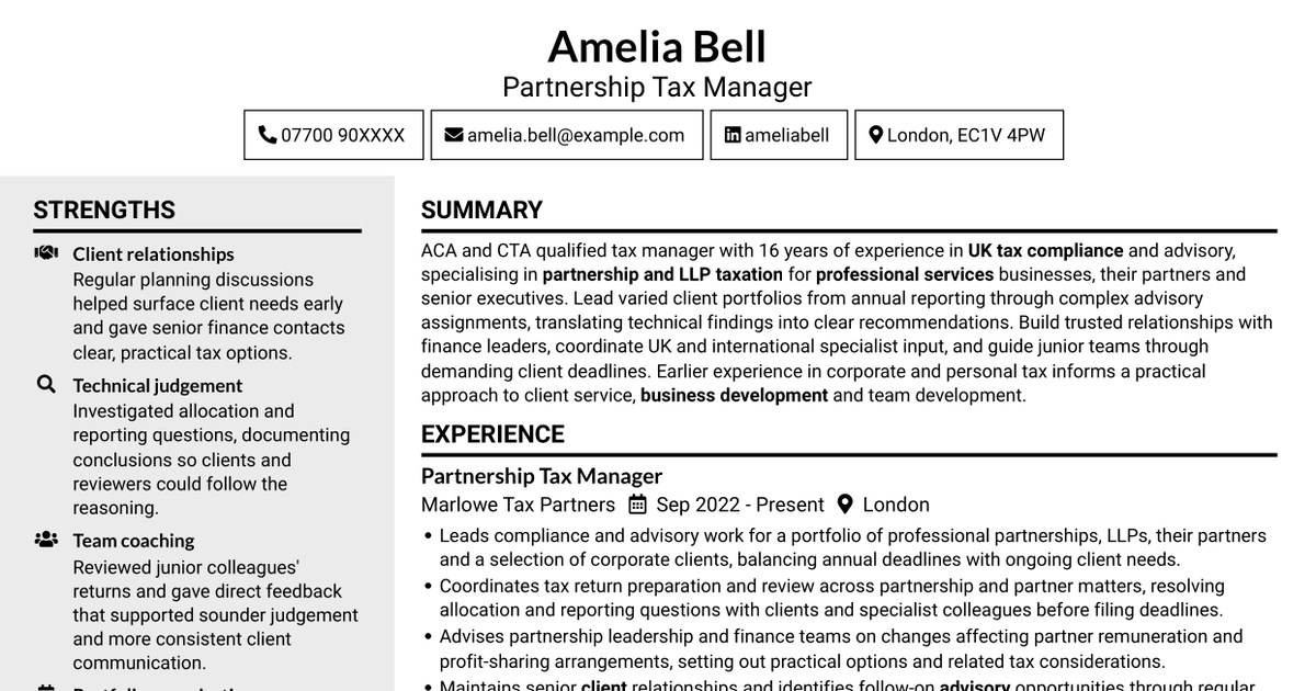 7 Partnership Tax Manager / Assistant Manager CV Templates with Example