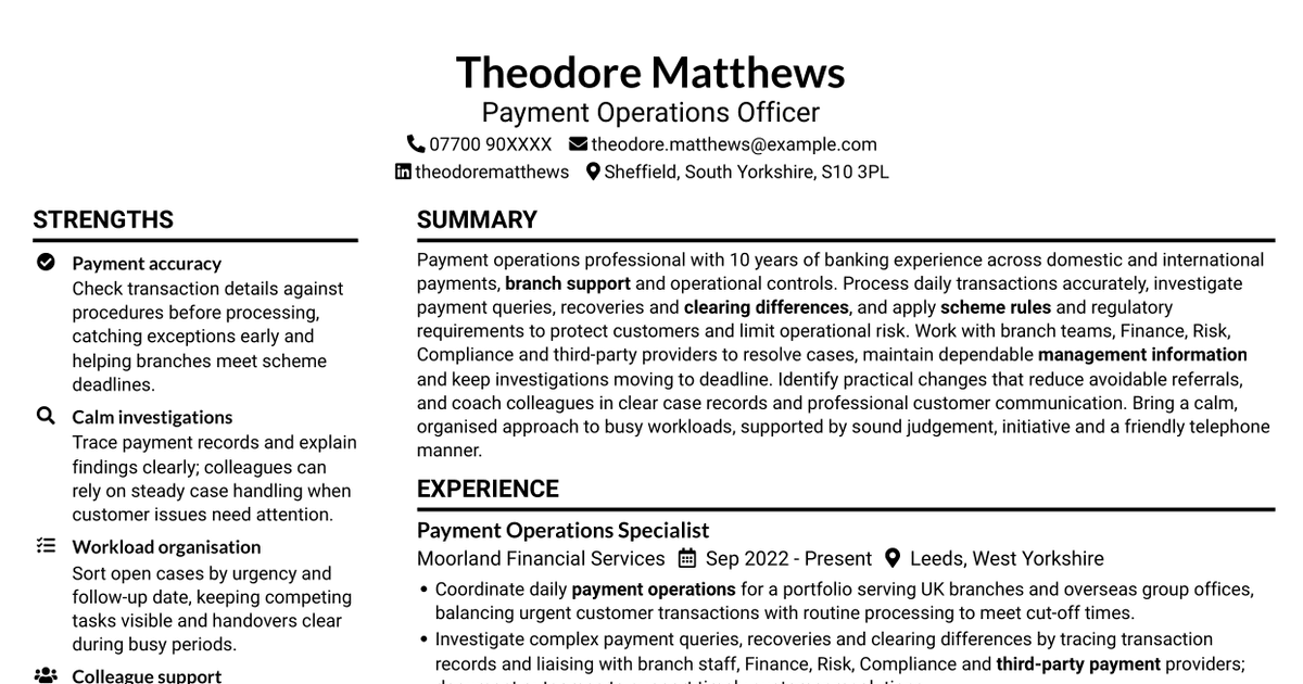 Payment Operations Officer CV