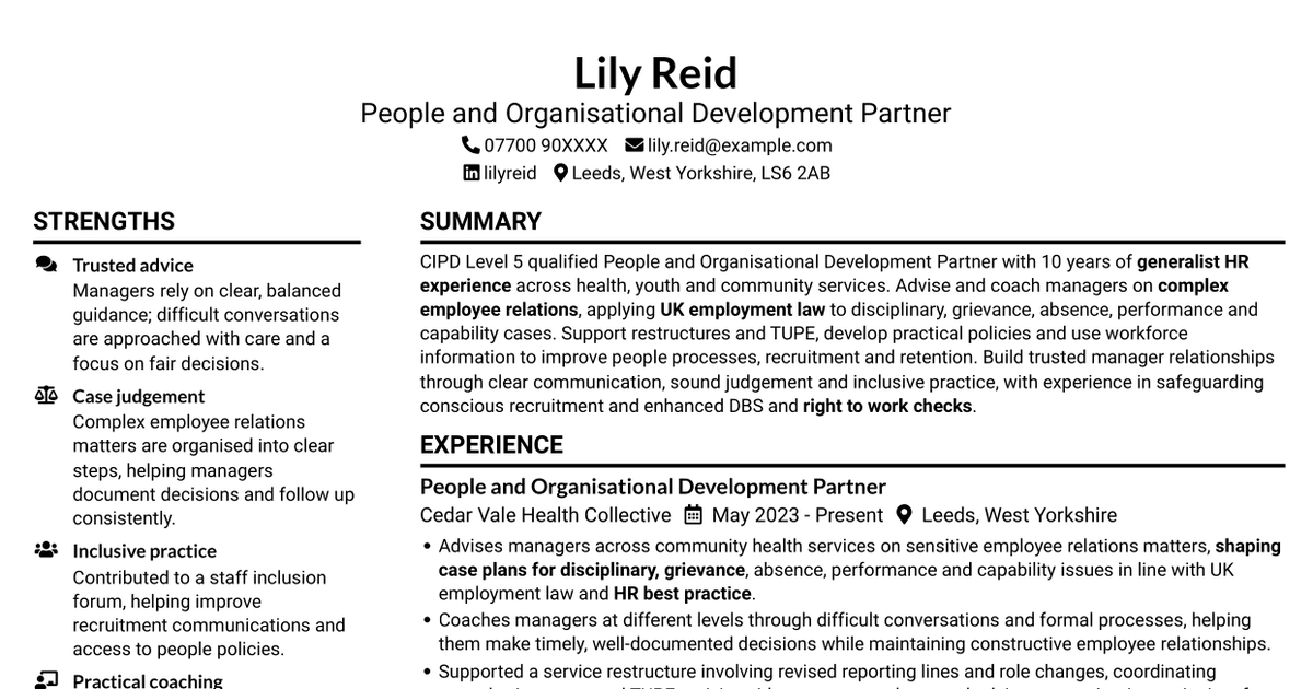 7 People and Organisational Development Partner - Employee Relations and Organisational Change CV Templates with Example
