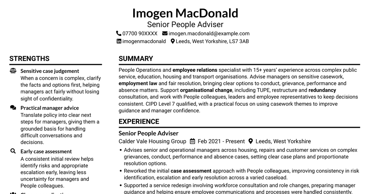 7 People Operations Adviser - Employee Relations and Organisational Change CV Templates with Example
