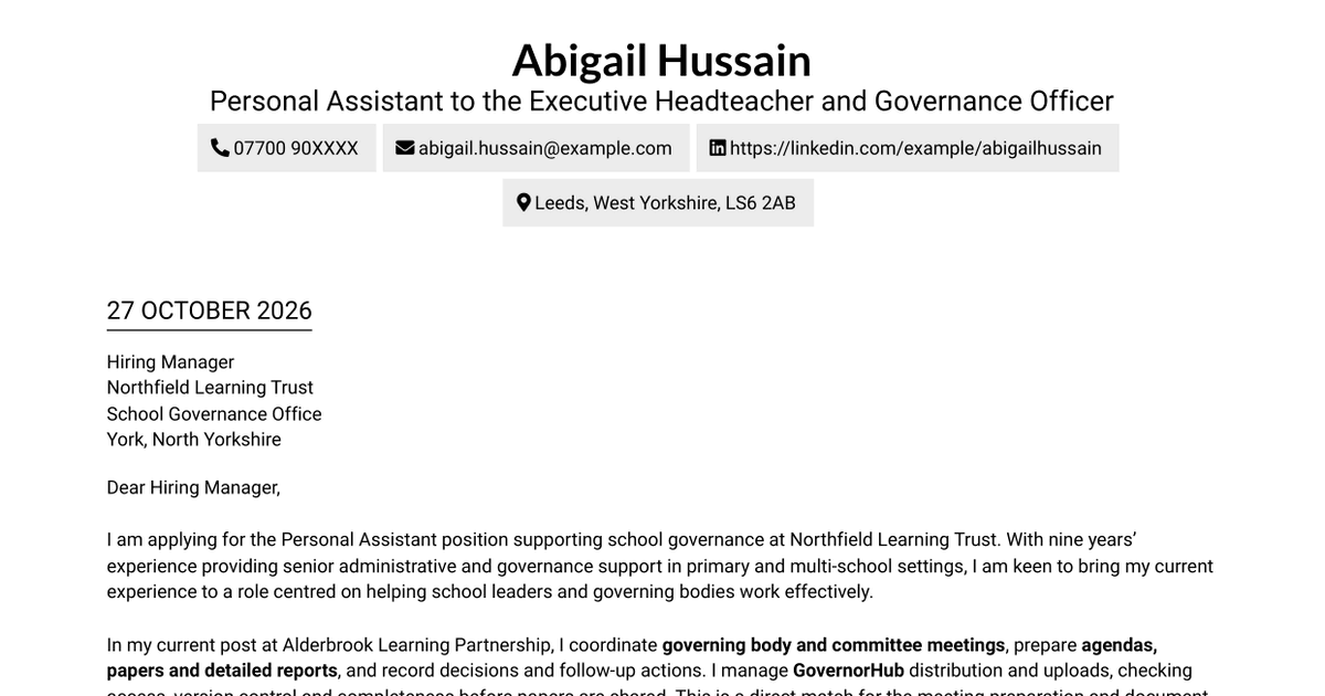 Personal Assistant - School Governance Cover Letter