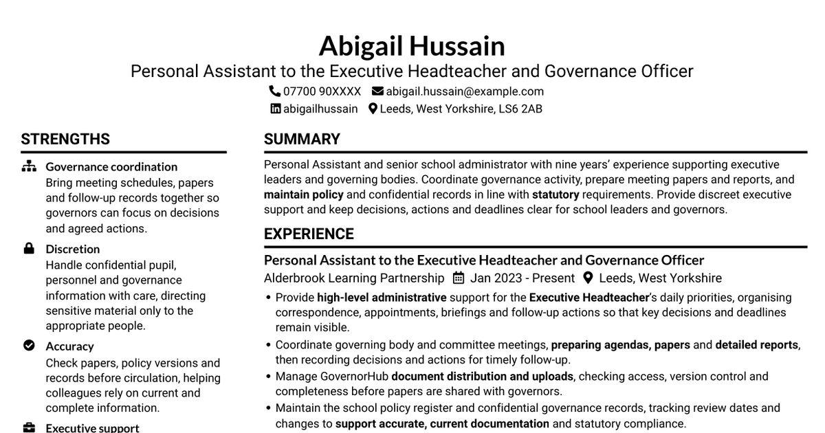 Personal Assistant - School Governance CV