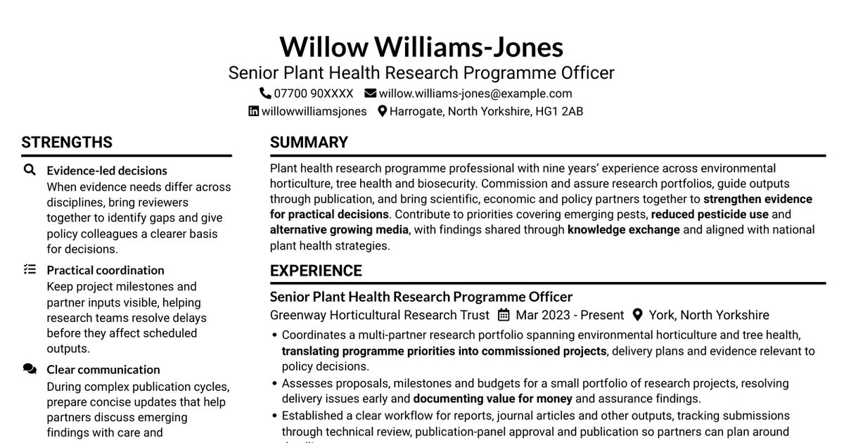 7 Plant Health Research Support Officer CV Templates with Example