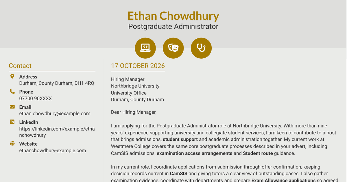7 Postgraduate Administrator - Admissions and Student Support Cover Letter Templates with Example