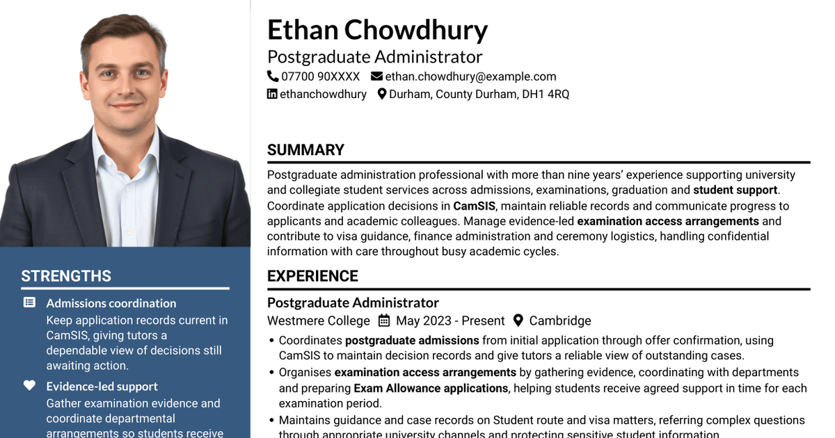 7 Postgraduate Administrator - Admissions and Student Support CV Templates with Example
