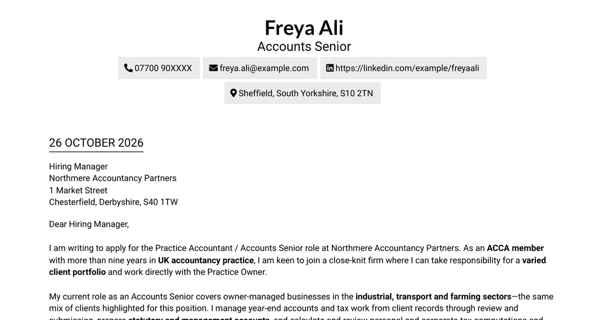 Practice Accountant / Accounts Senior - Accounts and Tax Cover Letter