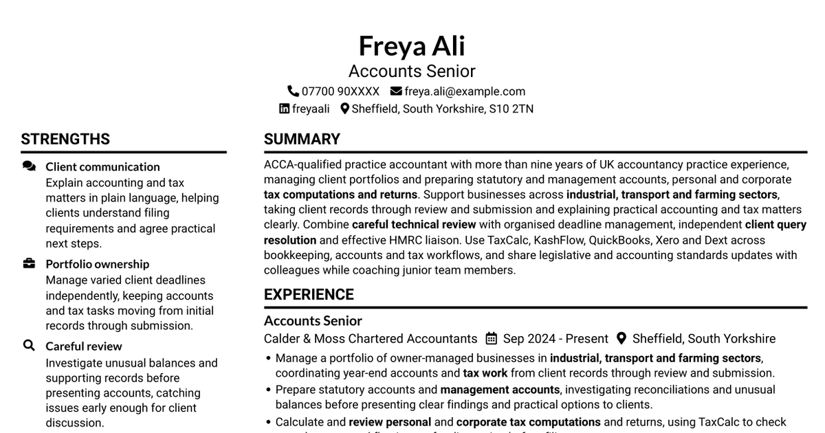 Practice Accountant / Accounts Senior - Accounts and Tax CV