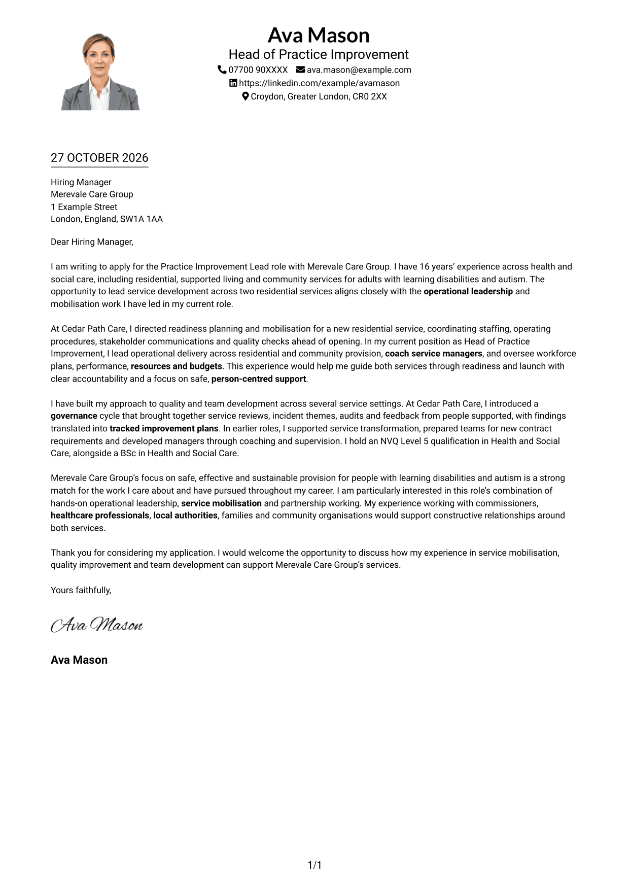 Cover letter example — page 1