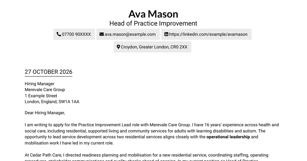 7 Practice Improvement Lead - Learning Disability Services Cover Letter Templates with Example