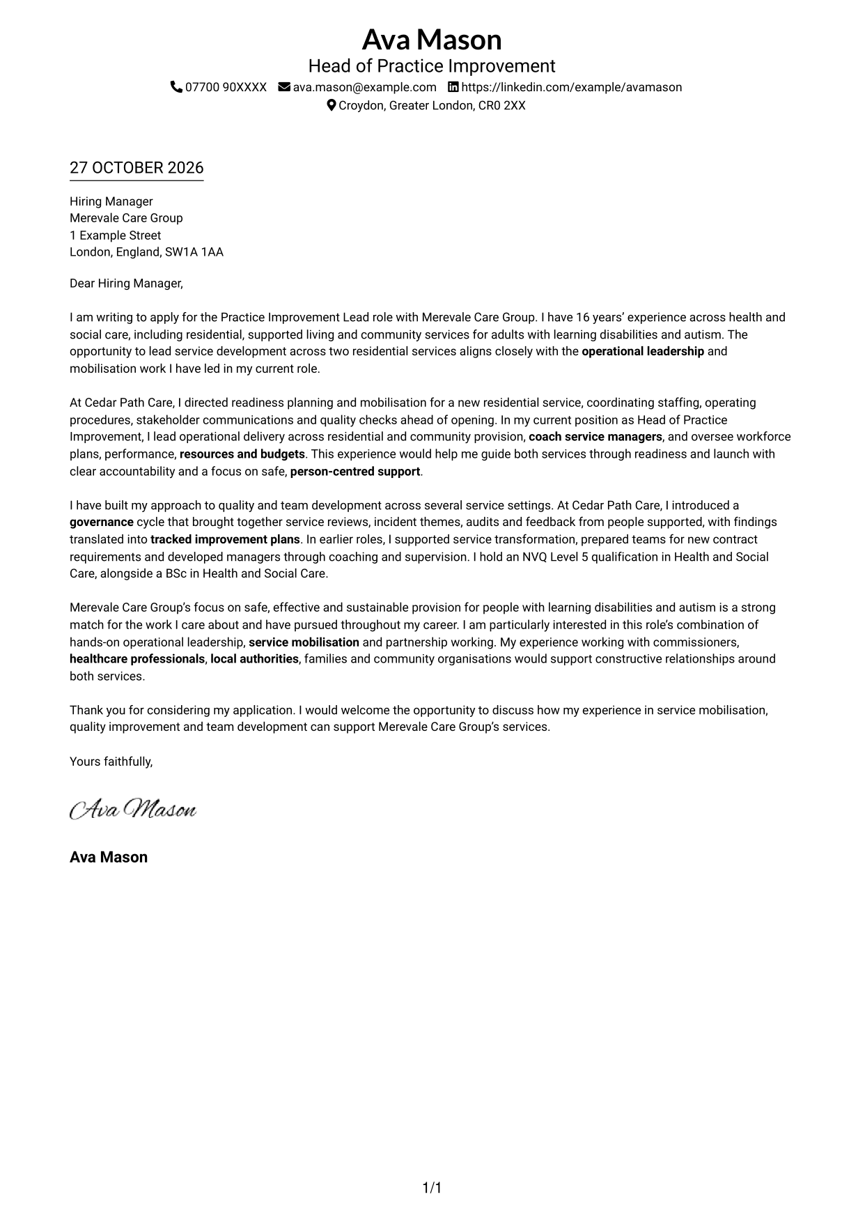 Cover letter example — page 1