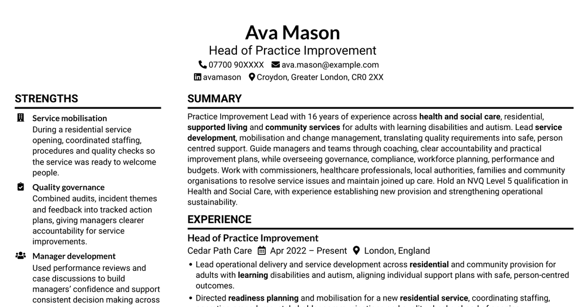 7 Practice Improvement Lead - Learning Disability Services CV Templates with Example