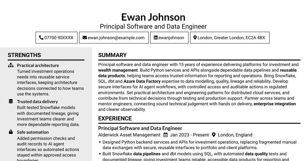 7 Principal Full-Stack Software Engineer - Python, Data and AI CV Templates with Example