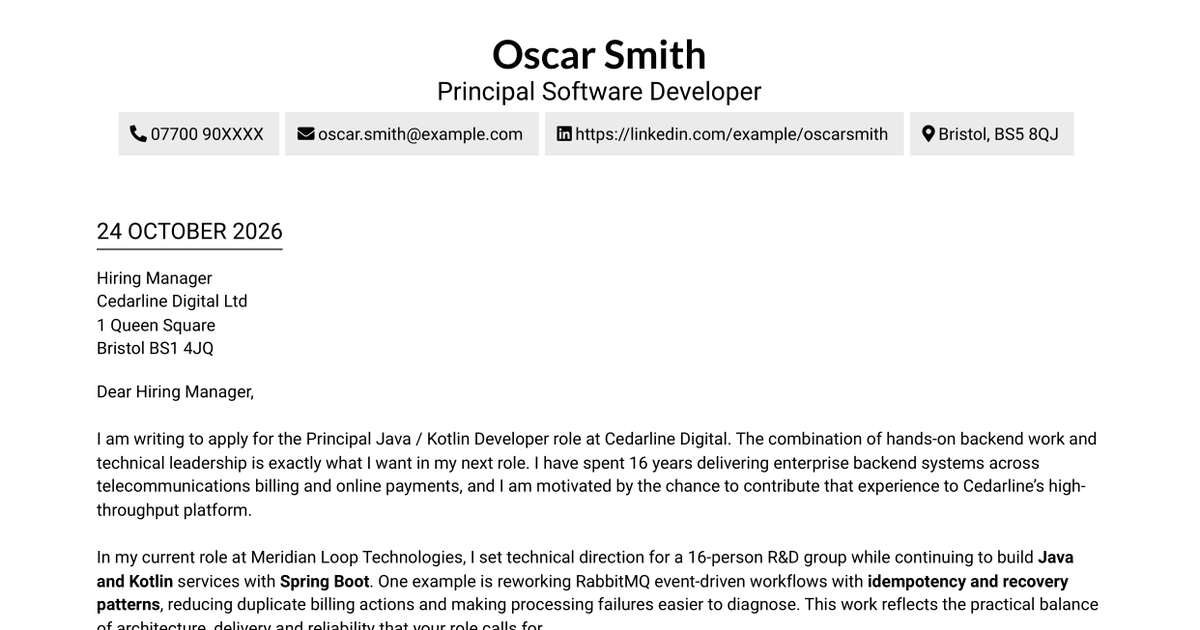 7 Principal Java / Kotlin Developer - Telecommunications and Payments Cover Letter Templates with Example