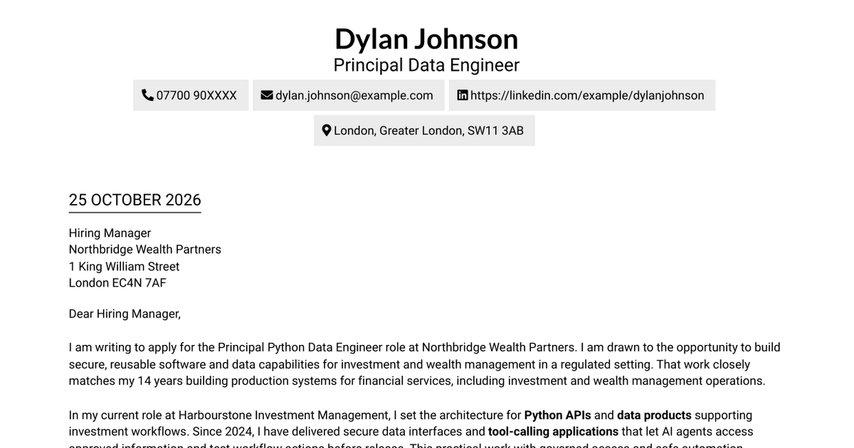 Principal Python Data Engineer - Financial Services Cover Letter