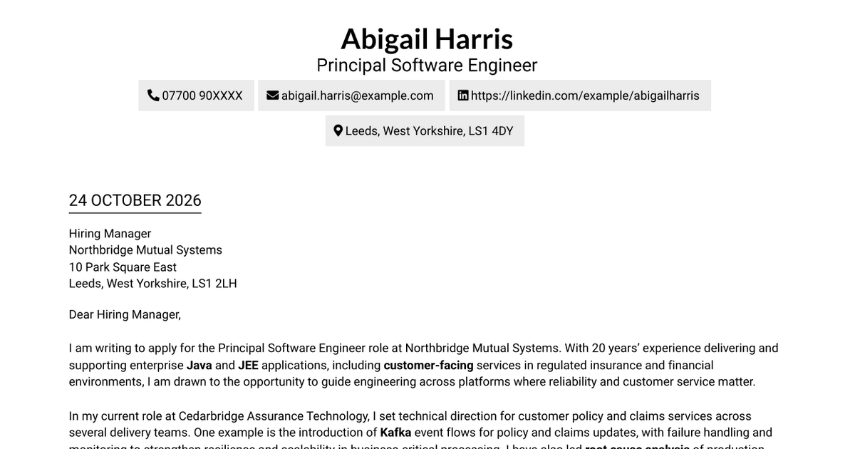 Principal Software Engineer - Java and Enterprise Integration Cover Letter
