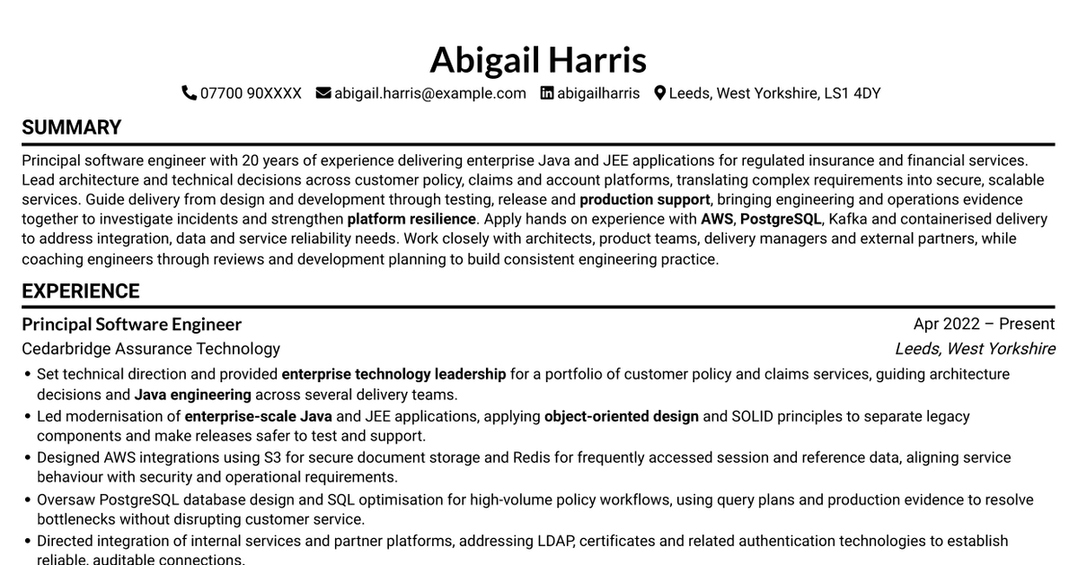 Principal Software Engineer - Java and Enterprise Integration CV